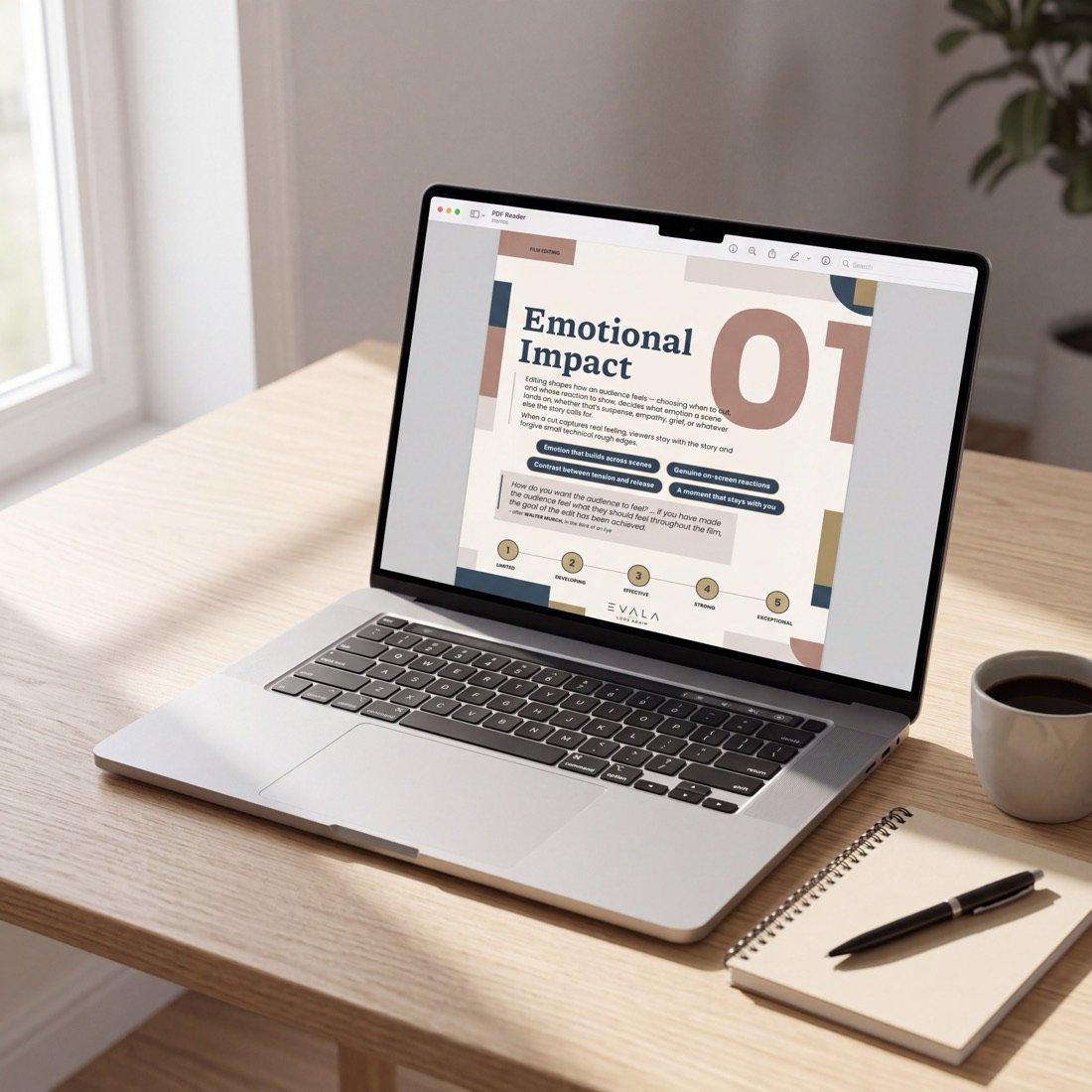 The EVALA Film Editing guide open on a laptop, showing the Emotional Impact concept page with its 1 to 5 rating scale.