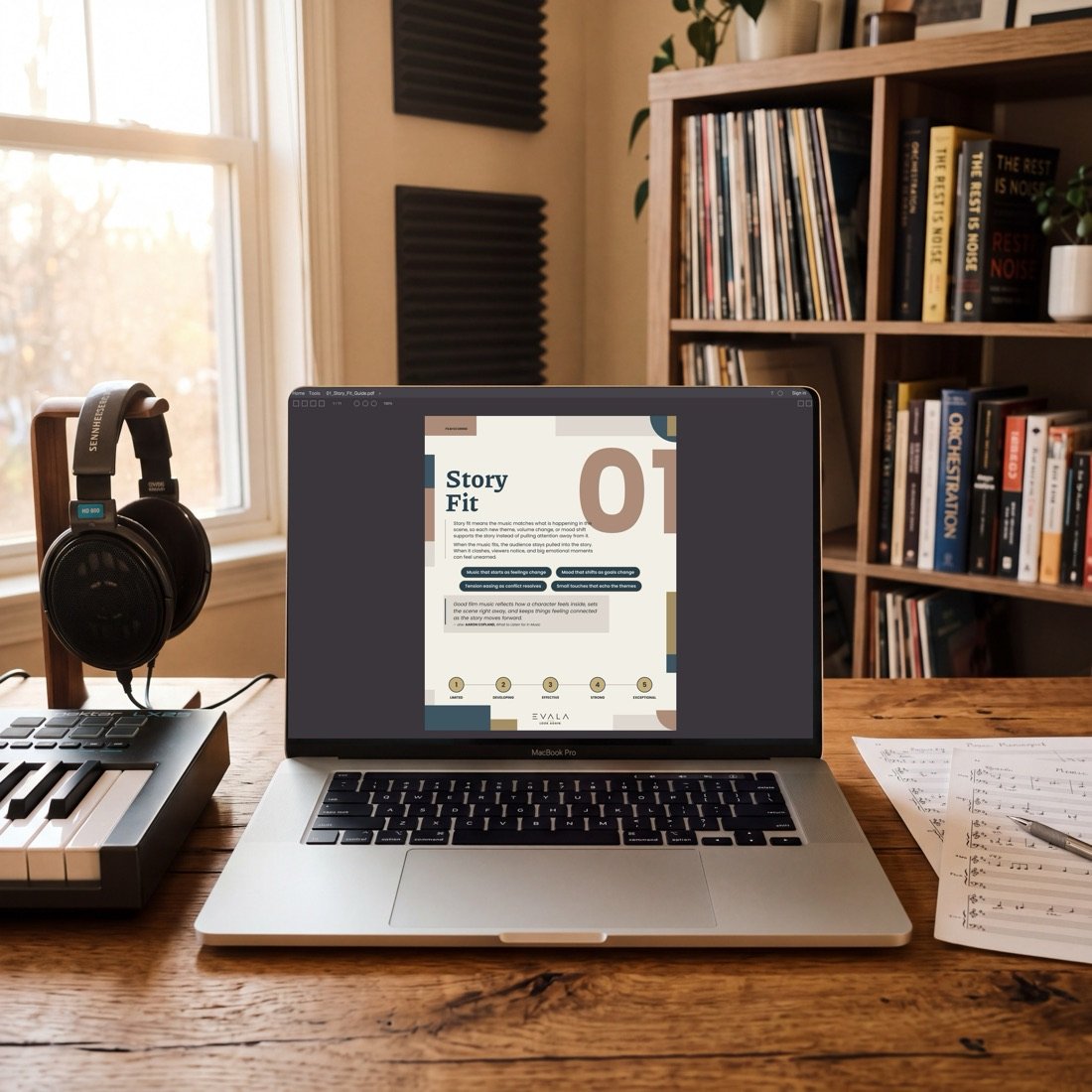 The EVALA Film Scoring guide open on a laptop, showing the Story Fit concept page with its 1 to 5 rating scale.