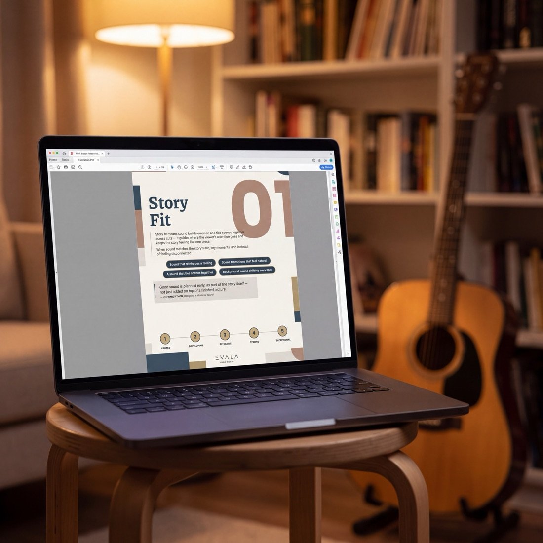 The EVALA Sound Design guide open on a laptop, showing the Story Fit concept page with its 1 to 5 rating scale.